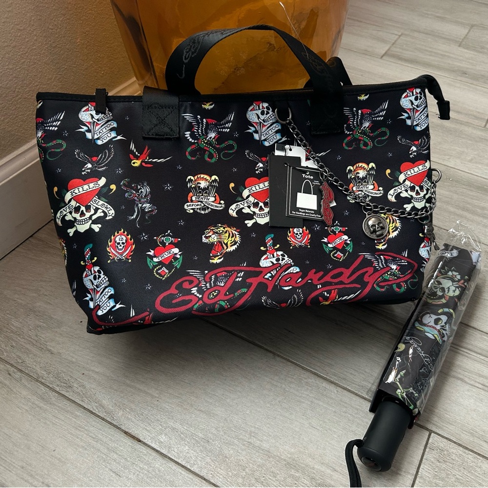 Ed Hardy Black Tote with Colorful Tattoo Graphics and matching umbrella